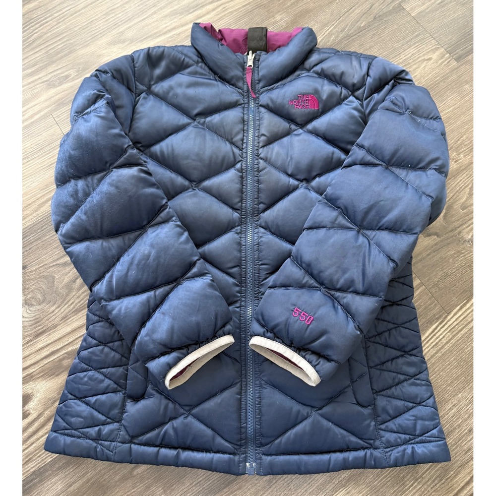 The North Face Kids 550 Down Puffer Jacket Navy Pink Diamond Quilt Zip XL 18
